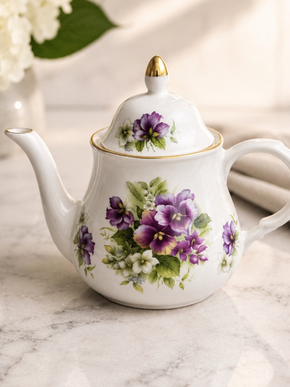 Vintage Arthur Wood & Son Teapot 6452 Staffordshire England Purple Pansies Gold